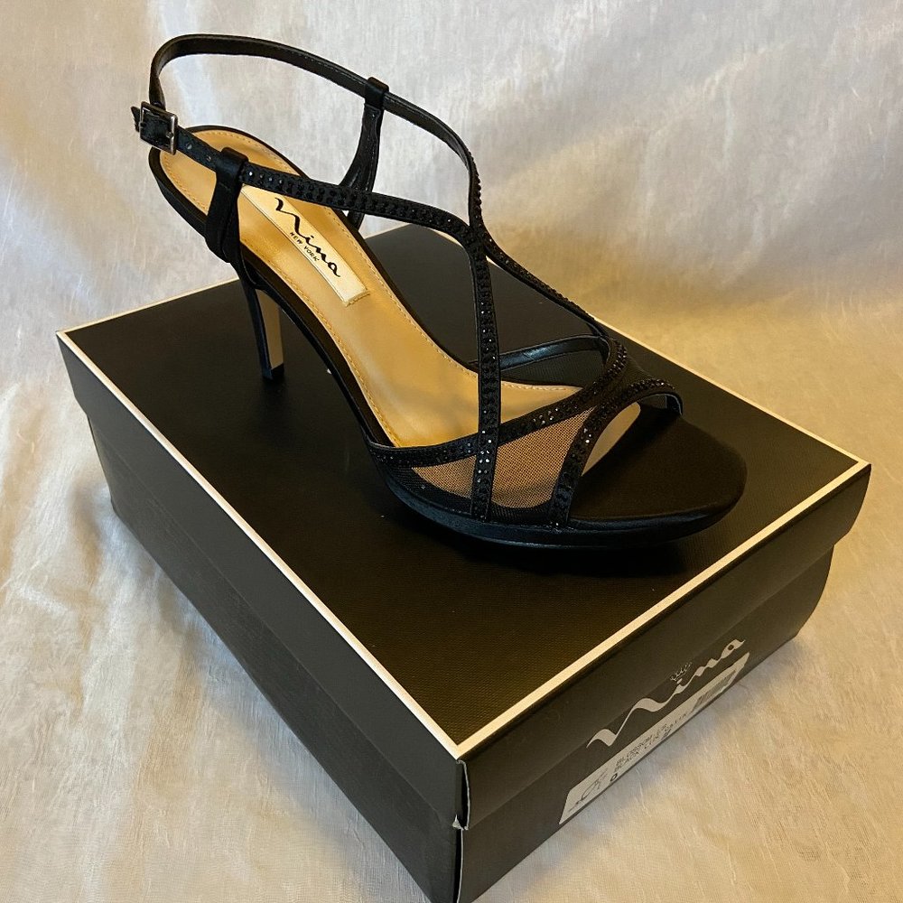 Blossom Strappy Embellished Evening Sandals- Black Luster Satin